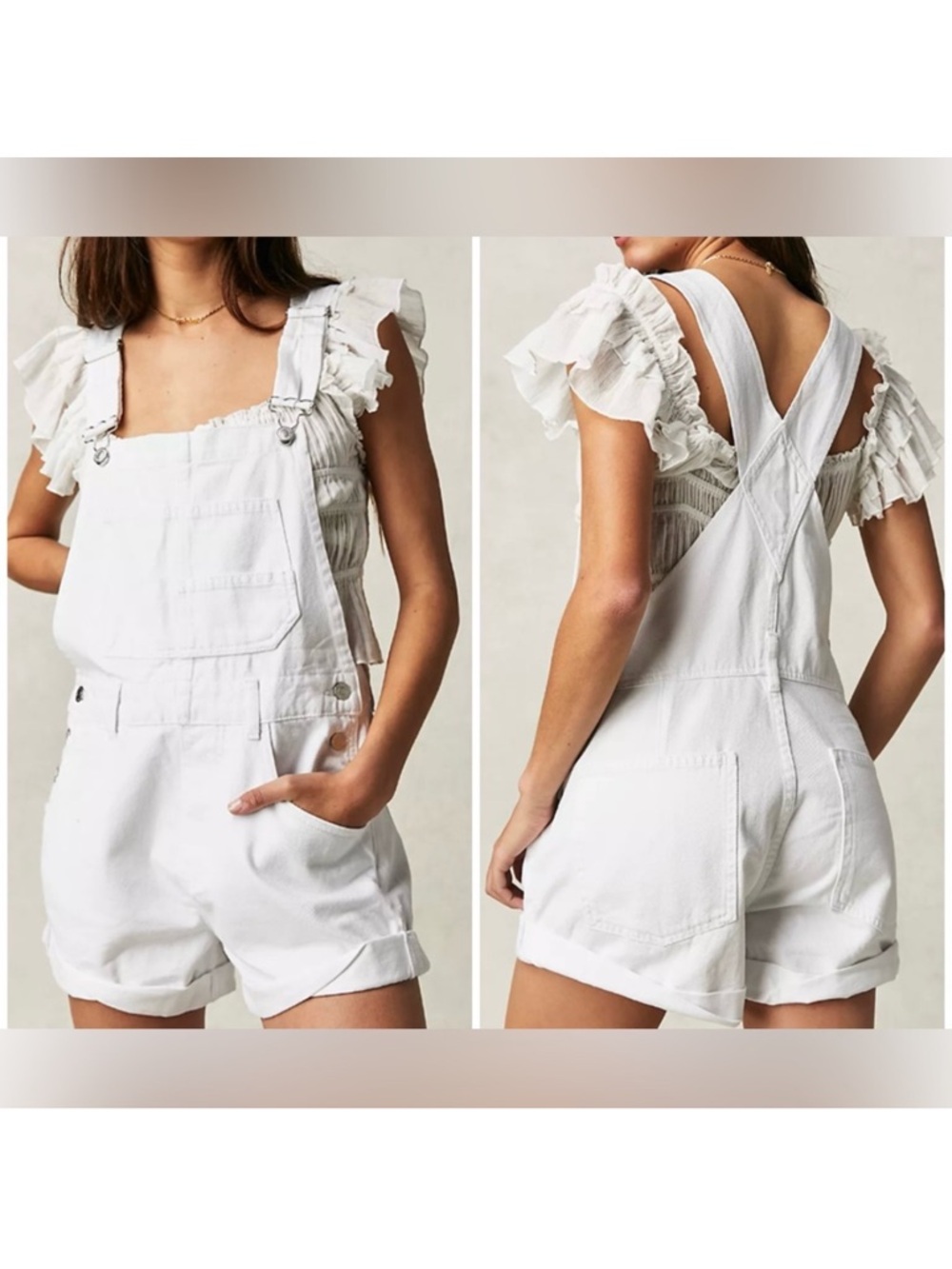 We The Free! White Denim Ziggy Shortalls SZ Medium {beach, resort, vacay, lake} - Picture 6 of 14